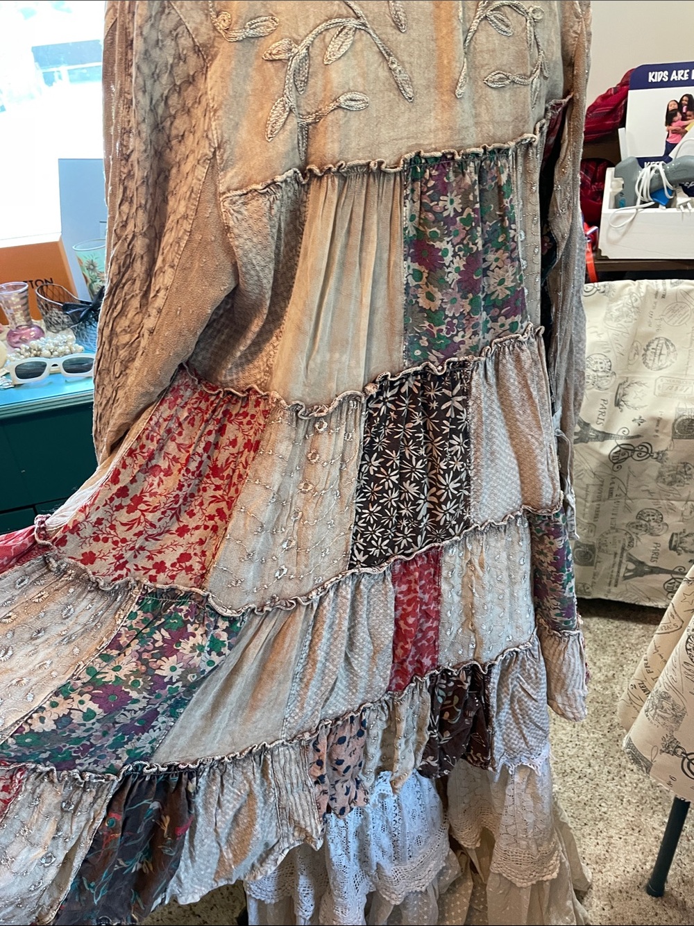 Boho Patchwork Duster Jacket in Beige and Floral Mix Young Threads - Picture 14 of 16